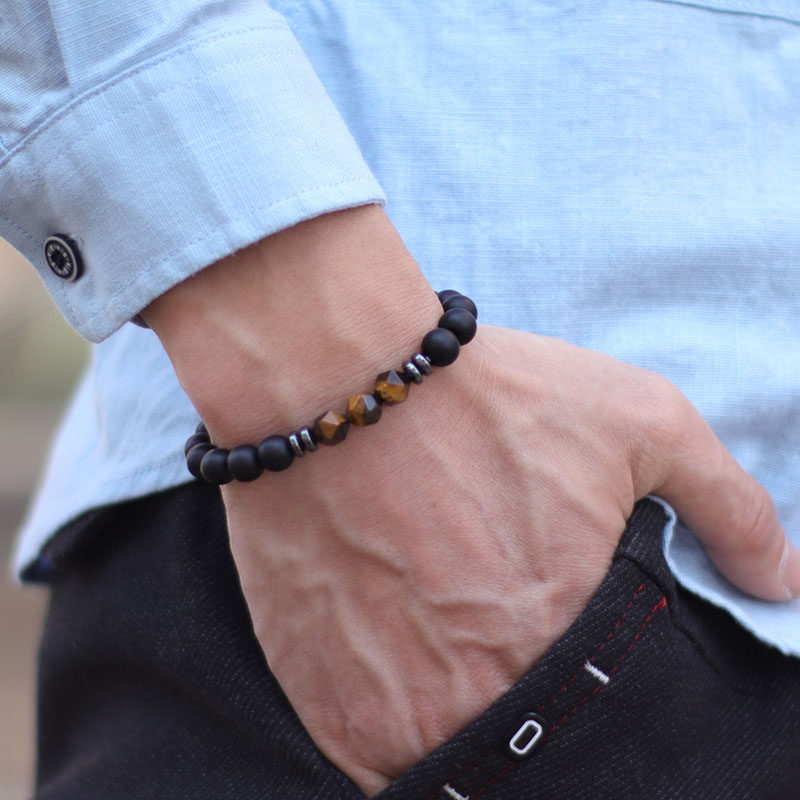 Fashion Mens Bracelet Black Onyx Stone Braclet Irregular Natural Tiger Eyes Sodalite Beaded Braslet Pulsera Hombre Accessories. 