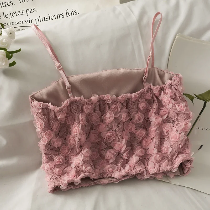 Women Solid Rose Lace Sweet Tank Tops With Bra Pad Off Shoulder New Summer Underwear Sexy Tube Top Backless Outer Wear Crop Tops. 