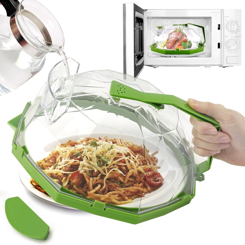 Microwave Cover for Food, Clear Microwave Splatter Cover with Water Storage Box, Upgraded Handle and Steam Vents. 