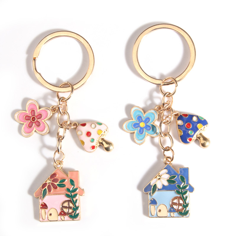 Cute Mushroom House Flower Enamel Keychain Colorful Fairy Tale Key Chains For Women Girls Souvenir Making DIY Jewelry Findings. 