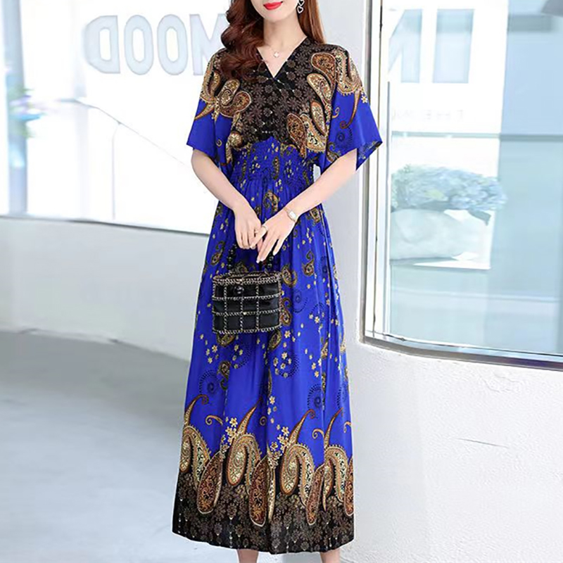 2025 Summer New Casual Elegant Retro Bohemian Style V-neck Elastic Waist Large Swing Printed Long Skirt Autumn Summer Dress. 