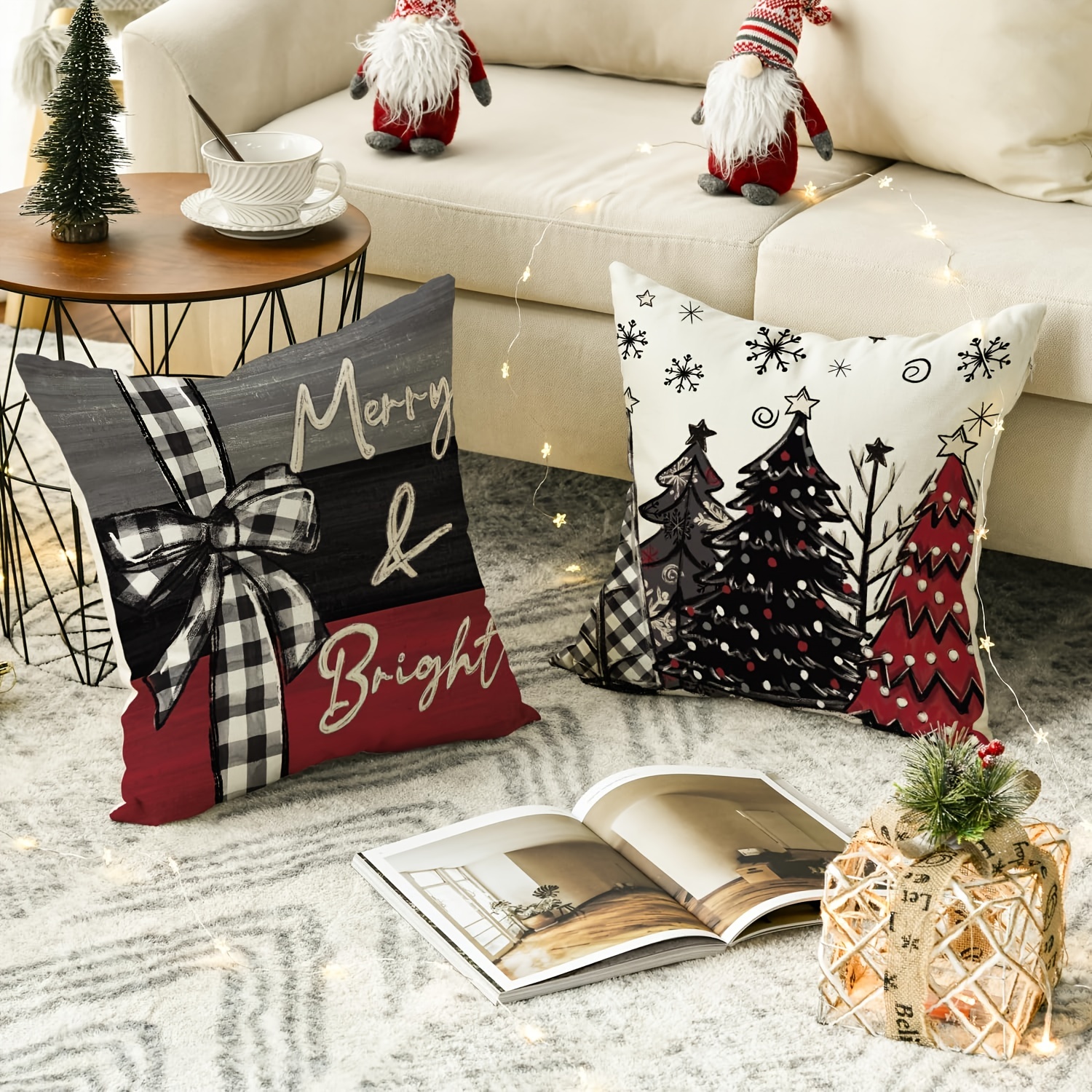 4-Pack Christmas Throw Pillow Covers,  Decorative Cushion Cases - Festive Trees, Merry & Bright, Joy Holiday Designs. 