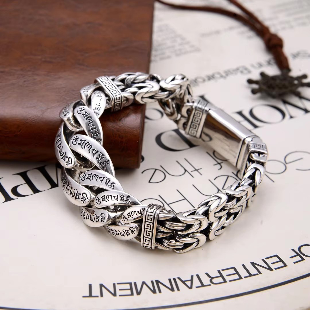 New Silver Color Bracelet Men's Original Design Retro Personality Transfer Mantra Mantra Turn Wind Jewelry. 