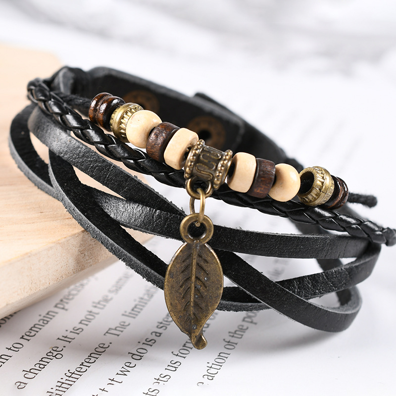 4Pcs/ Set Braided Wrap Leather Bracelets for Men Vintage Life Tree Rudder Charm Wood Beads Ethnic Tribal Wristband Rope Bracelet. 