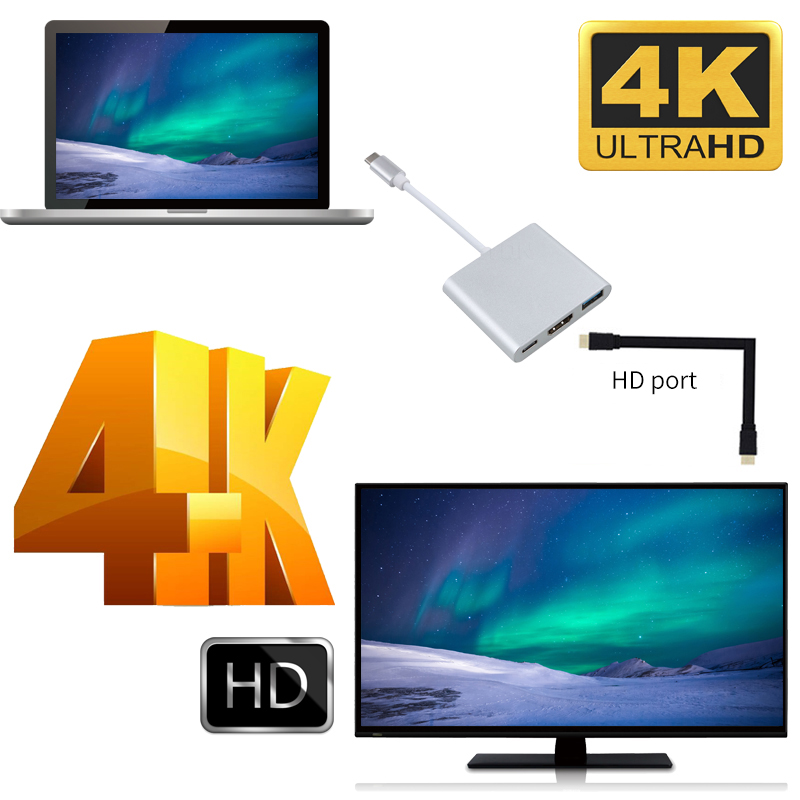 3 IN 1 USB C HUB TYPE-C to HDMI Adapter TYPE C Extension Cable USB 3.0 Converter HDMI-compatible Adapter for PC Laptop Macbook. 
