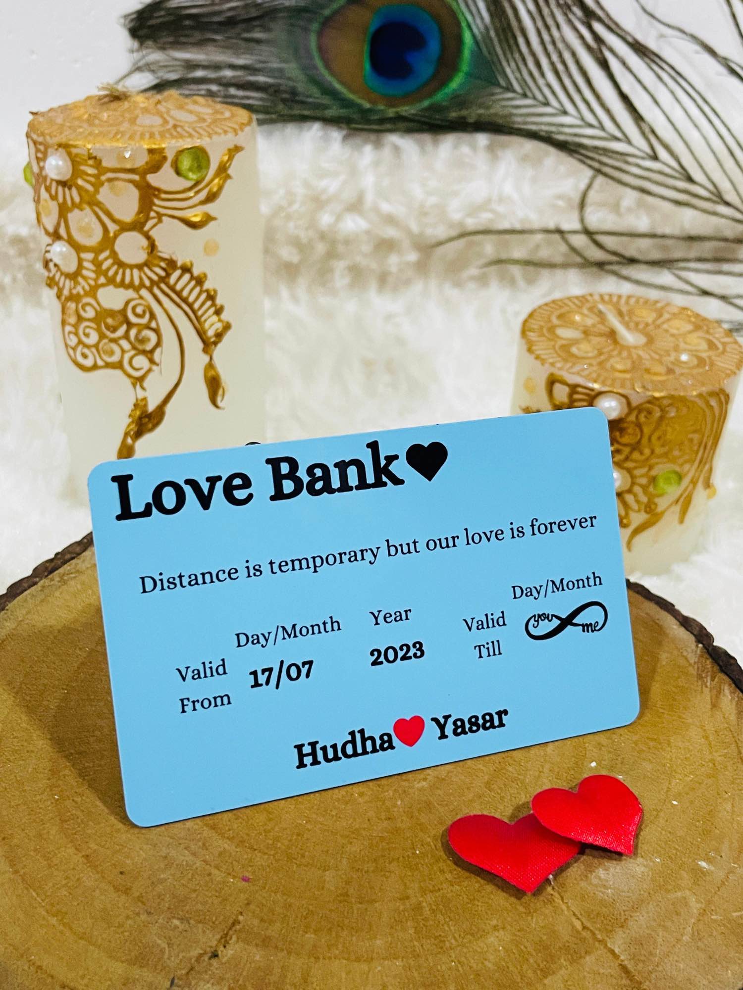 Customize love bank card with photos and text. 