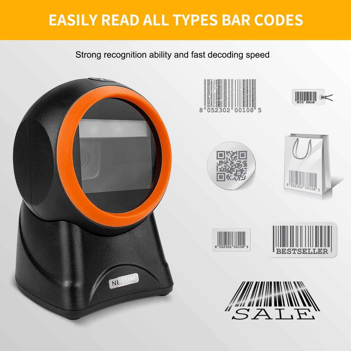 NETUM NT-2055 Desktop 2D Barcode Scanner, Omnidirectional Hands-Free Wired USB Big Barcode Reader 1D QR Screen Barcodes Scanning. 