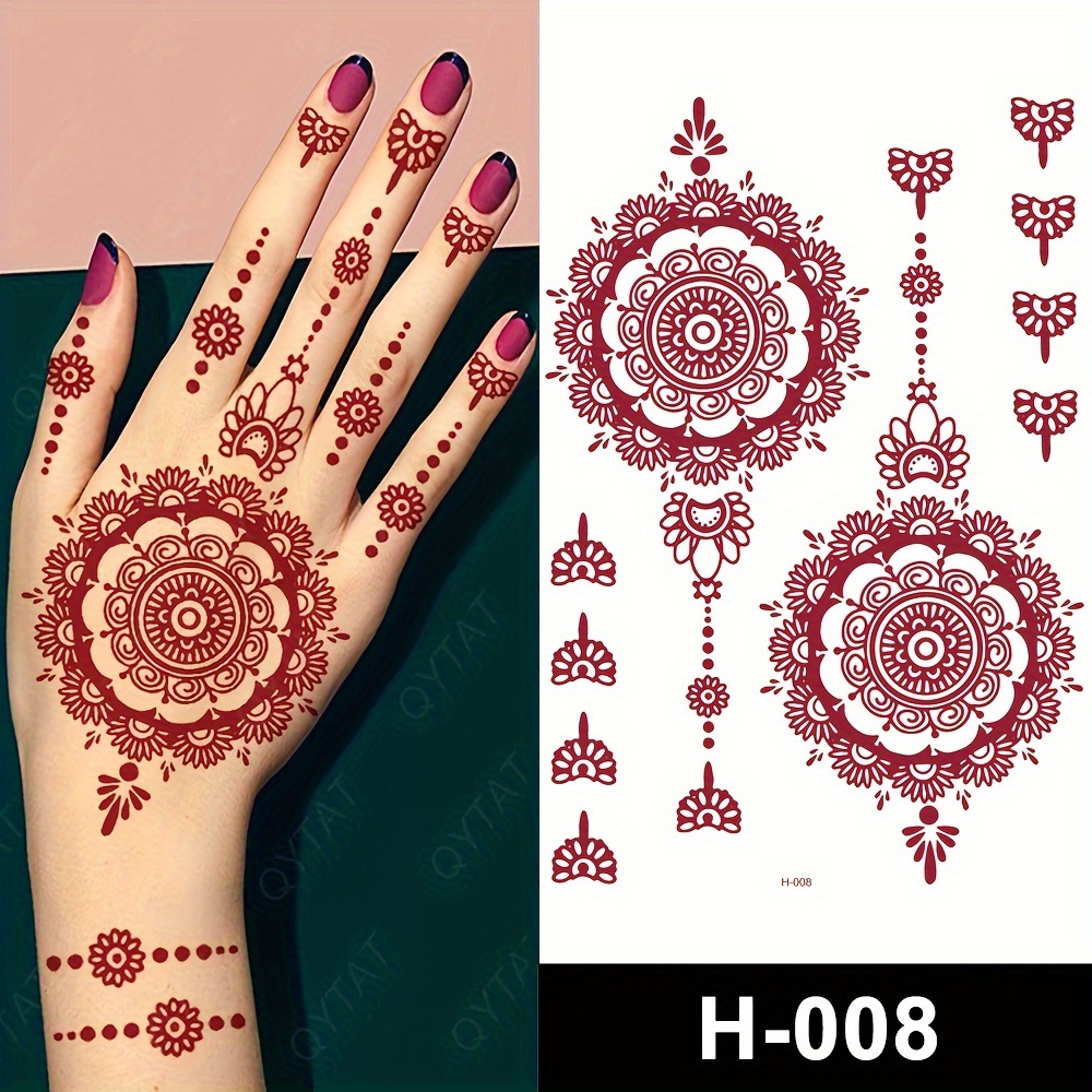 Red Lace Henna Tattoo Sexy Maroon Tattoo Stickers Waterproof India Mehndi Design Temporary Tattoos Finger Hand Tattoo For Women. 