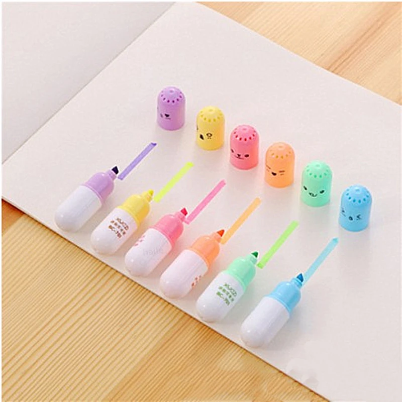 6Pcs Kawaii Mini Pills Highlighter Pen Set Cute Funny Smiling Face