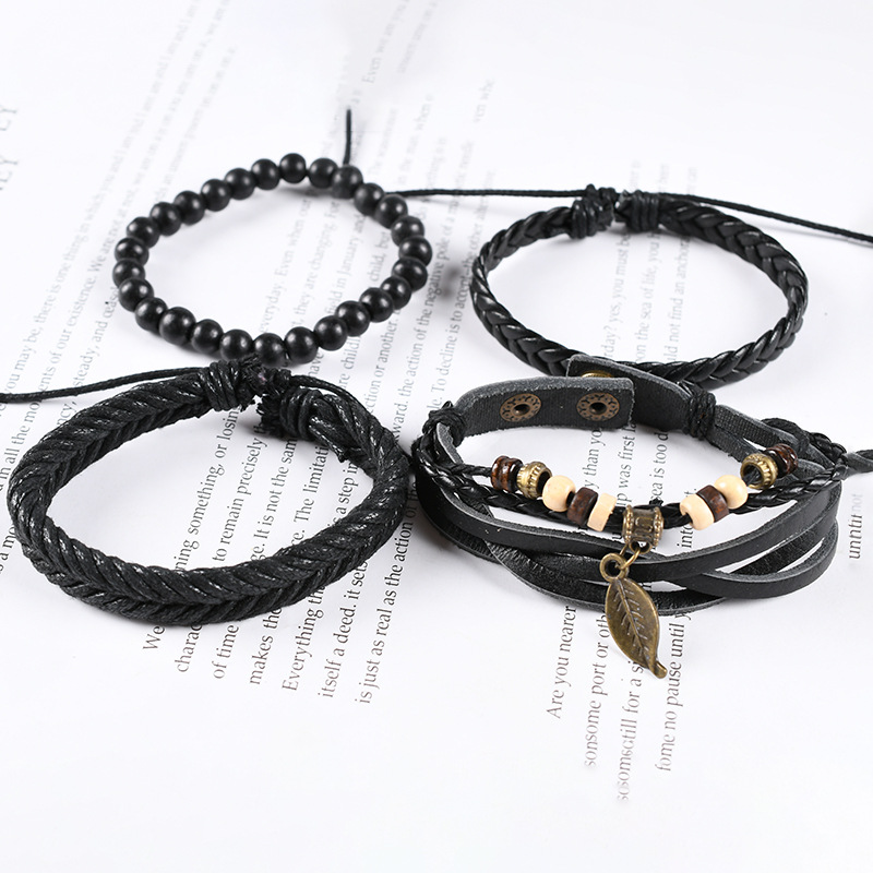 4Pcs/ Set Braided Wrap Leather Bracelets for Men Vintage Life Tree Rudder Charm Wood Beads Ethnic Tribal Wristband Rope Bracelet. 