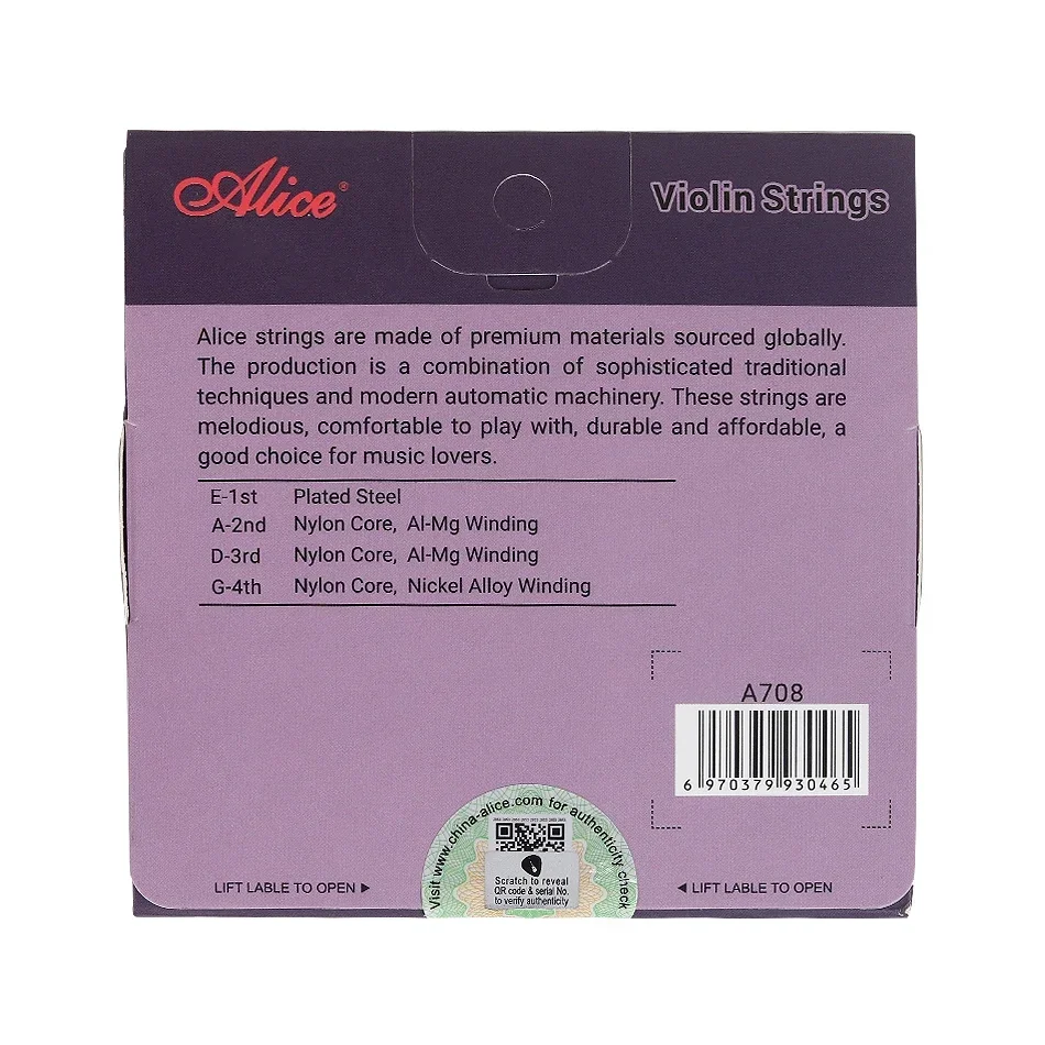Alice A708 Violin Strings A FULL Set Plated Steel Nylon Core Al-Mg Winding Nickel Alloy Wound For Size 4/4 3/4 1/2 1/4 1/8. 