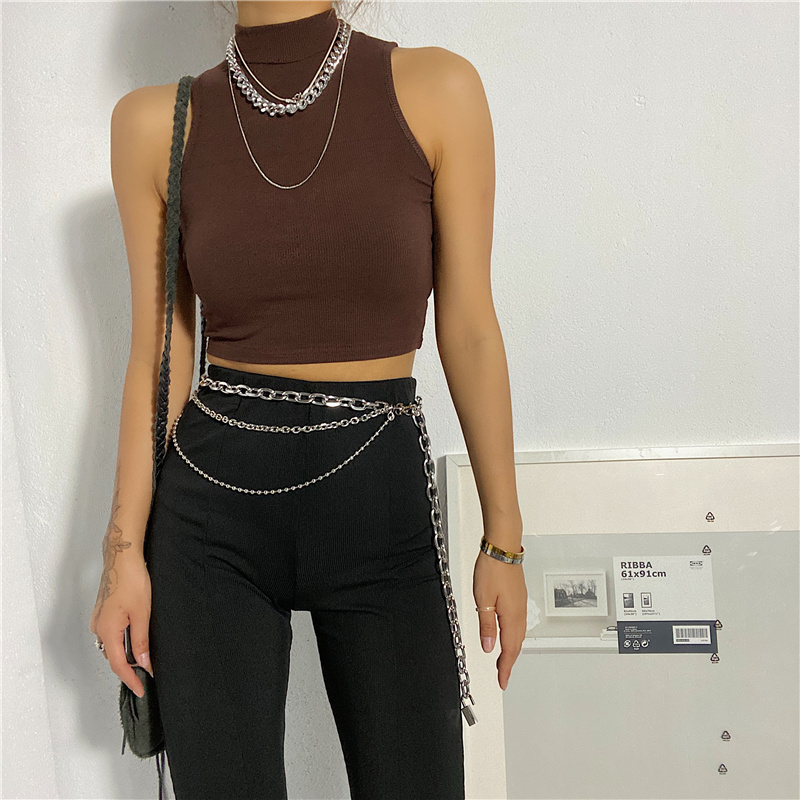 Summer Black Women Fashion Crop Top High Neck White Sleeveless Tank Tops Streetwear Basic. 