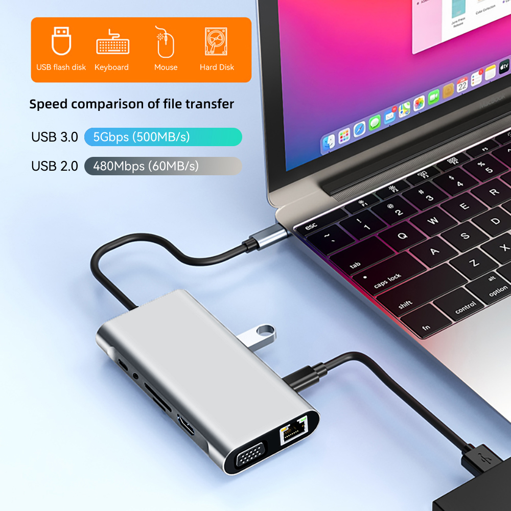 11-in-1 4K USB C 3.0 HUB Type C to HDMI-compatible USB 3.0 Adapter Type C HUB Dock PD 87W USB C Splitter for MacBook Pro Air. 