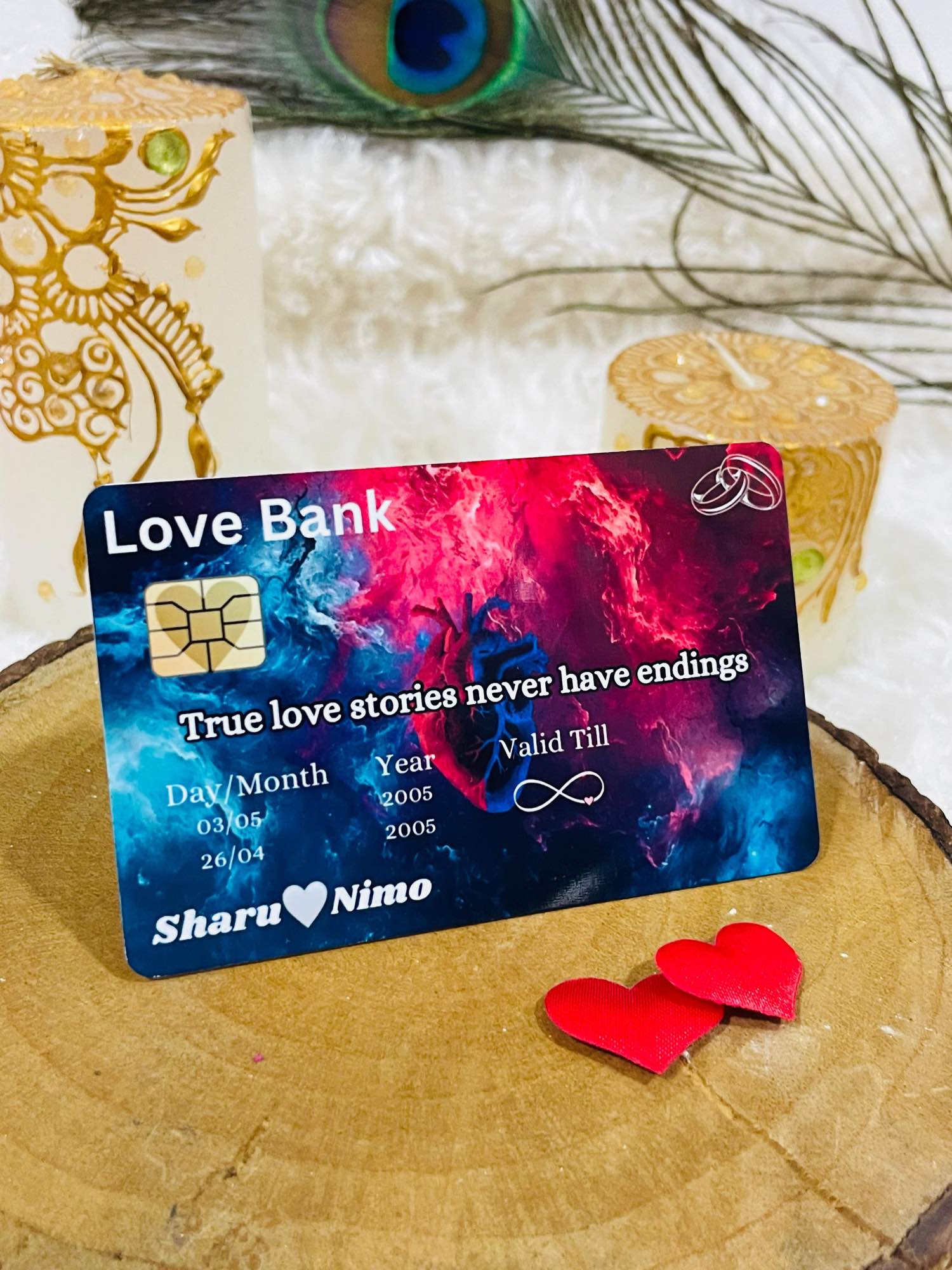 Customize love bank card with photos and text. 