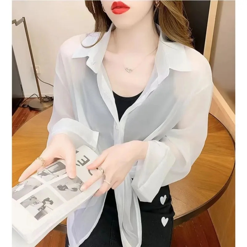 Summer Women Thin Shirts Loose Chiffon Long Sleeve Sun Protection Shirt Solid Korean Beach Holiday Ladies Tops. 