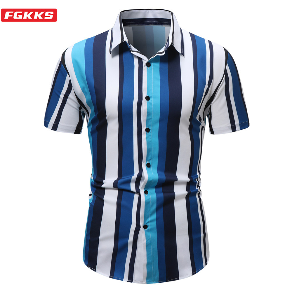 FGKKS 2023 Brand Striped Shirt For Men Slim Breathable Fashion Short Sleeve High Quality Design Casual Shirt Male. 