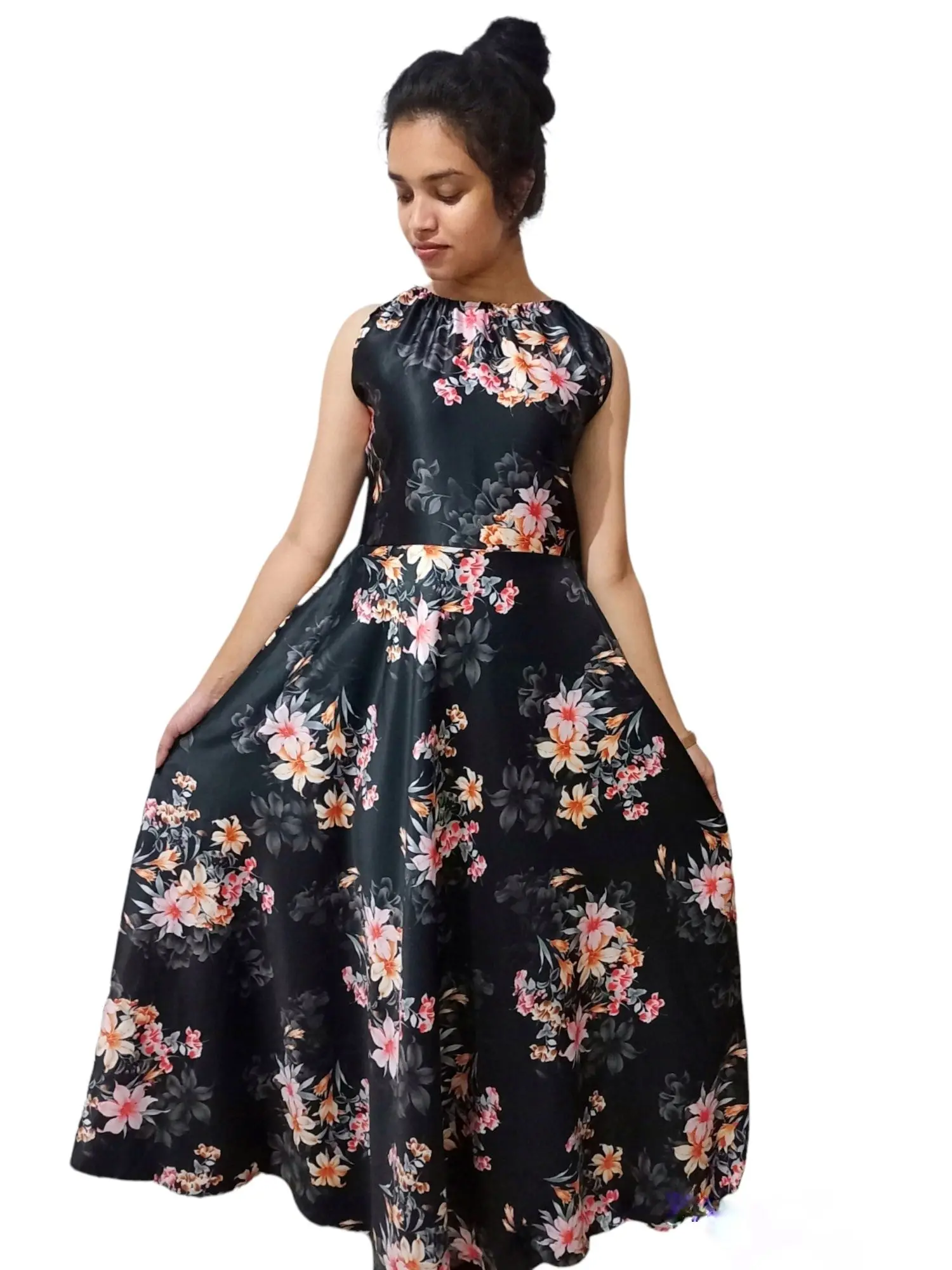 Mohtarma Women's Foil Printed Georgette Gown Model One Piece Full Length  Sungudi Anarkali Long Frock for Women Readymade Fullstiched Gaun(Navy Blue)  (X-Large) : Amazon.in: Fashion