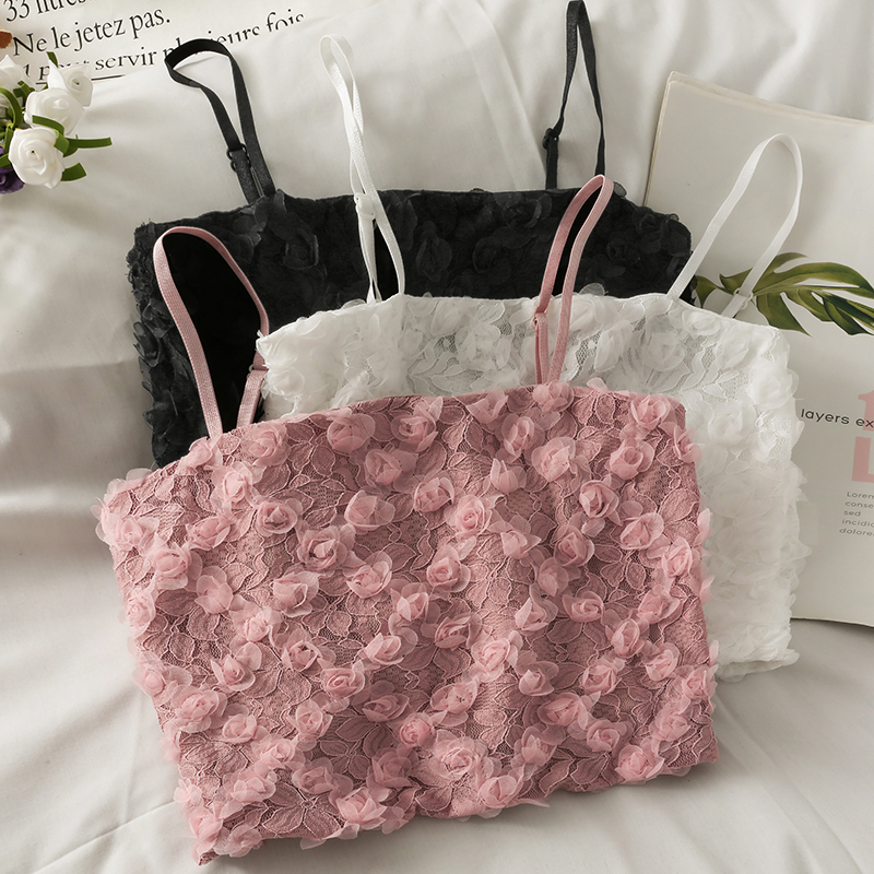 Women Summer New Rose Lace Tank Top Sexy Off Shoulder Crop Tops With Bra Pad Backless Sweet Outer Wear Underwear Solid Tube Tops. 